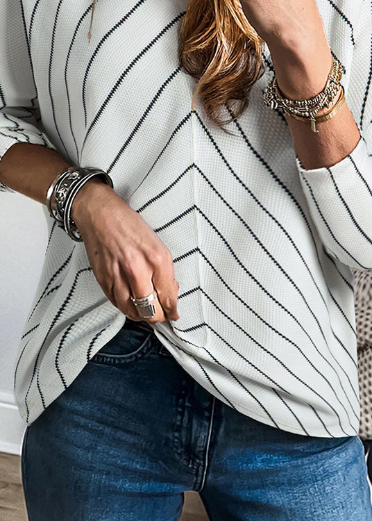 Unique V Neck Striped Cotton Tops Bracelet Sleeve
