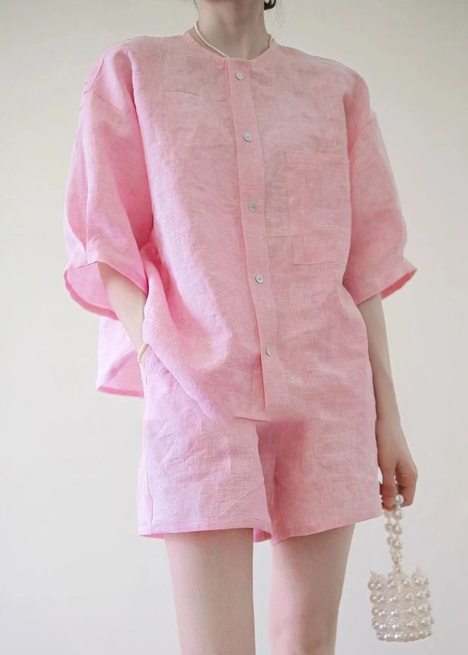 Pink O-neck Button Shirts and Shorts Two Pieces Set Summer