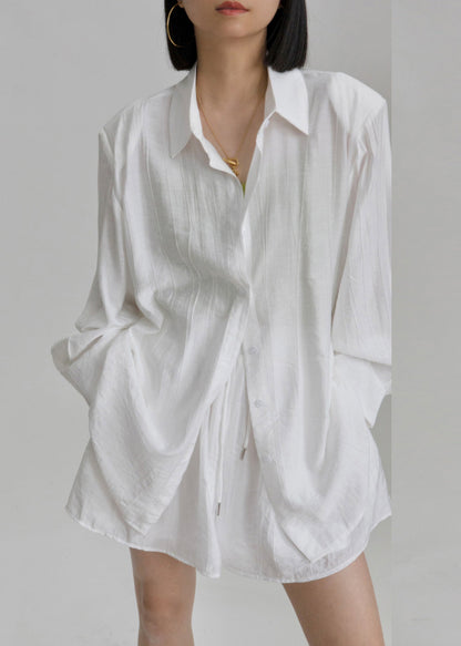 White Peter Pan Collar Shirts and Shorts Two Pieces Set Long Sleeve