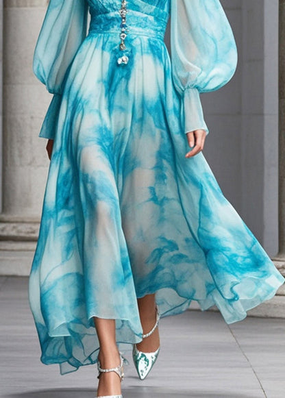 Blue V Neck Tie Dye Chiffon Maxi Dresses Fall
