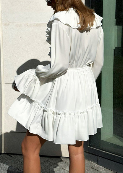 White Lace Up Cotton Mid Dress Ruffled Spring