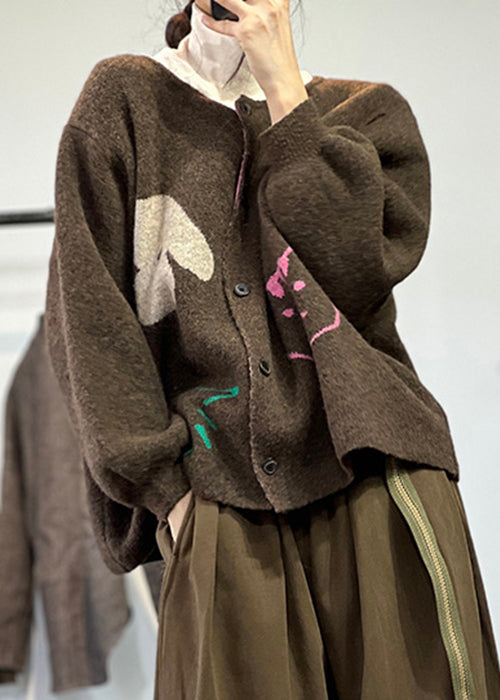 Coffee O Neck Button Knit Coat Long Sleeve