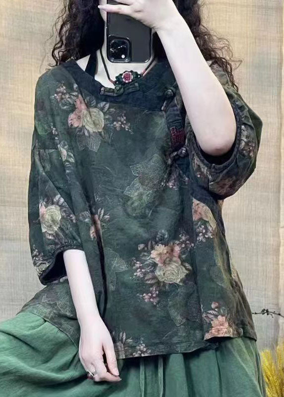 Red O Neck Print Oriental Button Linen Shirts Bracelet Sleeve