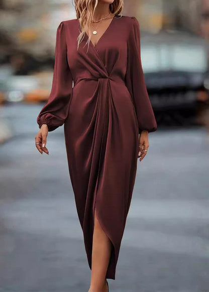 Organic Champagne V Neck Asymmetrical Silk Long Dresses Puff Sleeve