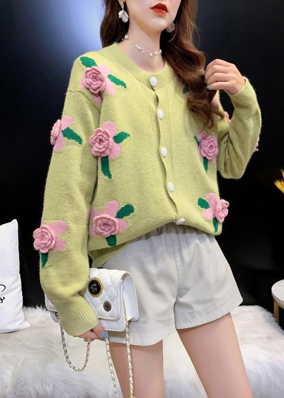 French Yellow O Neck Button Knit Loose Coat Spring