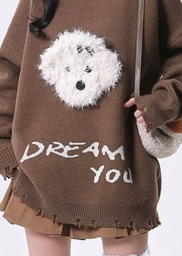 Versatile Coffee O Neck Ripped Knit Sweater Tops Spring