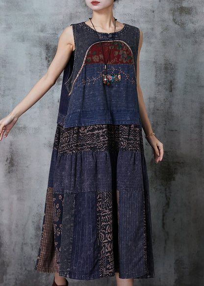 Navy Patchwork Denim National Style Dresses Spring