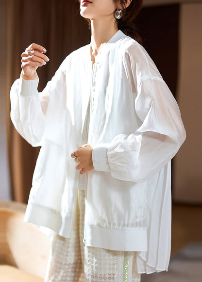 Fine White Zip Up Patchwork Chiffon Upf 50+ Coat Long Sleeve