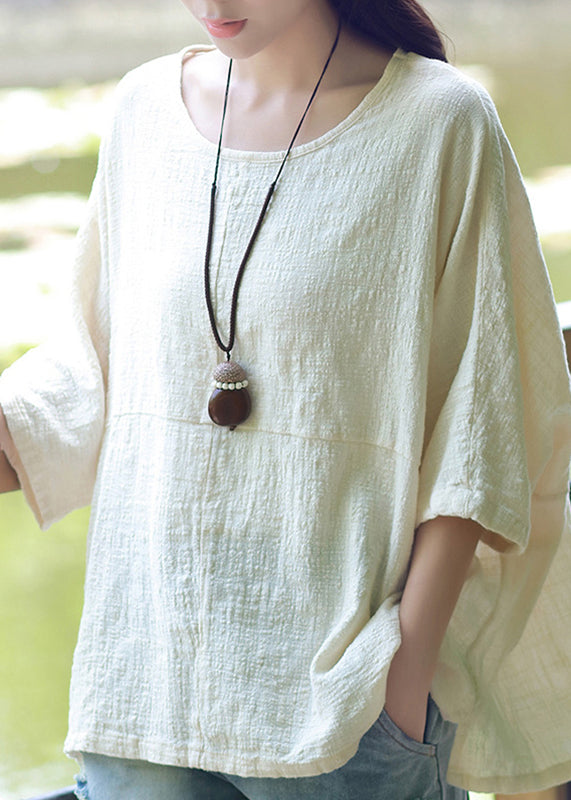 Beige O-neck Cotton Linen Top Half Sleeve