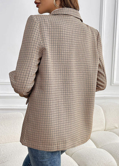 Modern Khaki Peter Pan Collar Pockets Plaid Cotton Suit Coat Fall