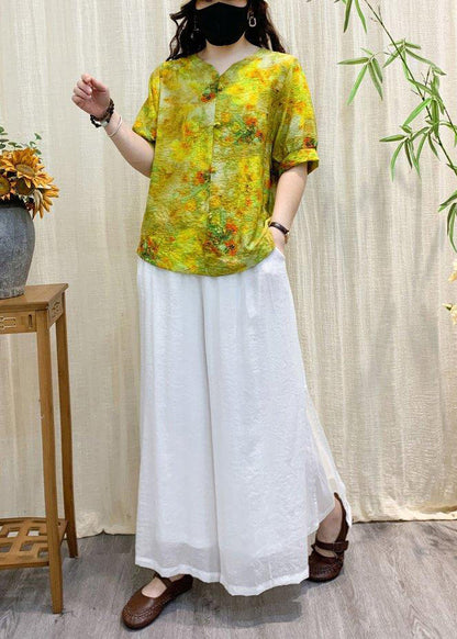 Yellow Print Wrinkled Linen Shirt Top Short Sleeve