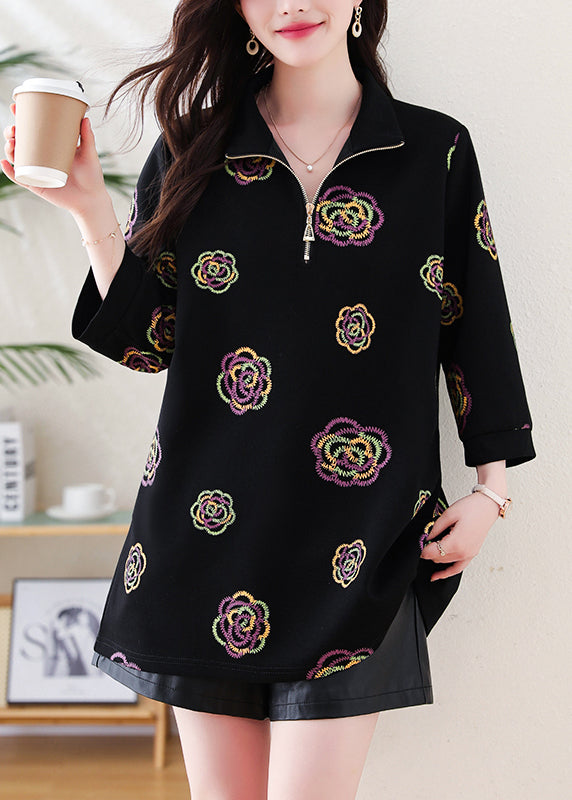 Black Zip Up Print Cotton Sweatshirts Top Fall