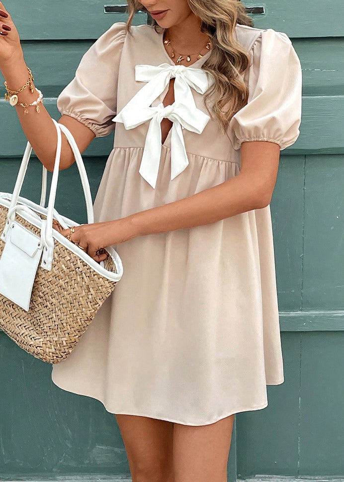 French Apricot Puff Sleeve Bow Cotton Mid Dresses Summer