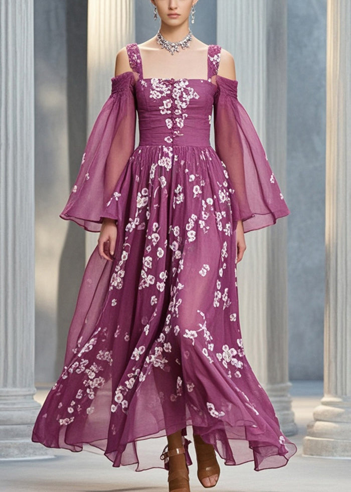 Purple Print Silm Fit Chiffon Cami Dresses Flare Sleeve