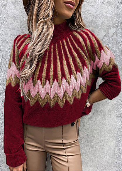 Stylish White Hign Neck Print Knit Short Sweater Fall