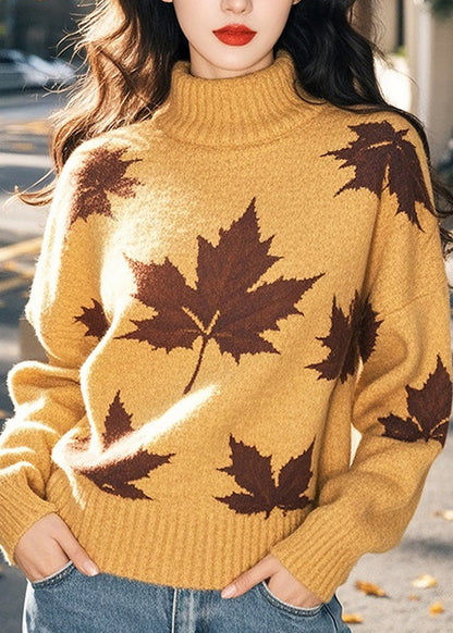 Yellow Hign Neck Thick Print Knit Sweaters Winter