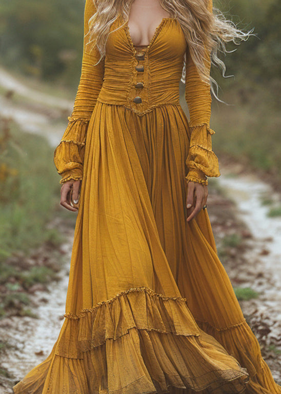 Yellow Wrinkled Patchwork Cotton Long Dresses Fall