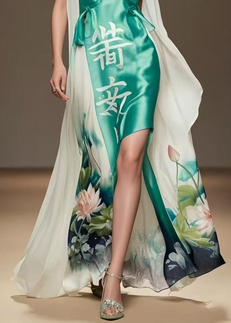 Lake Green Asymmetrical Patchwork Silk Vacation Dresses Summer