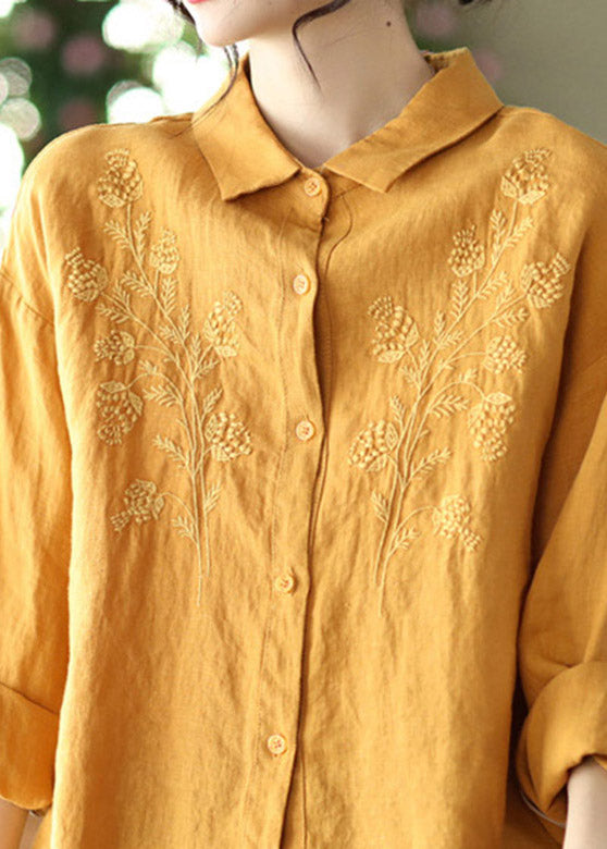 Loose Yellow Peter Pan Collar Embroidered Linen Shirts Long Sleeve