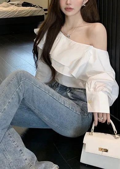 Fluorescent Green Ruffled Cotton One Shoulder Blouses Fall