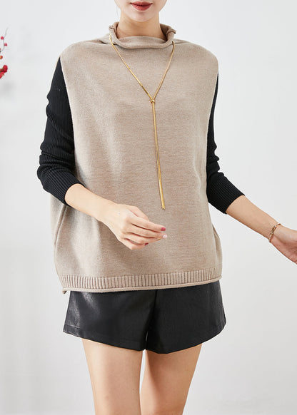 Khaki Turtle Neck Thick Wool Knit Vests Winter