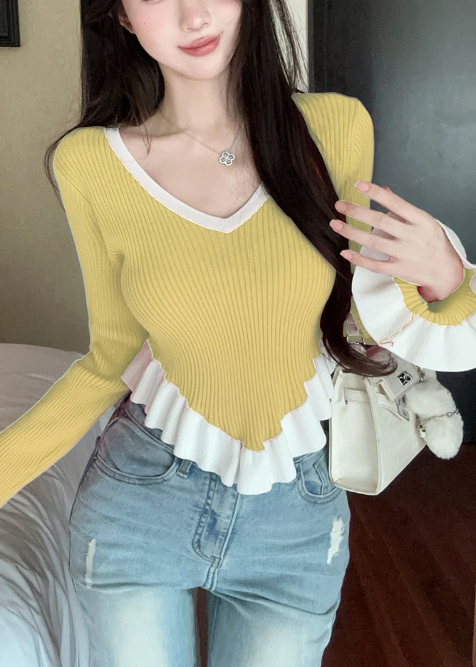 Yellow Ruffled Patchwork Knit Sweaters Flare Sleeve