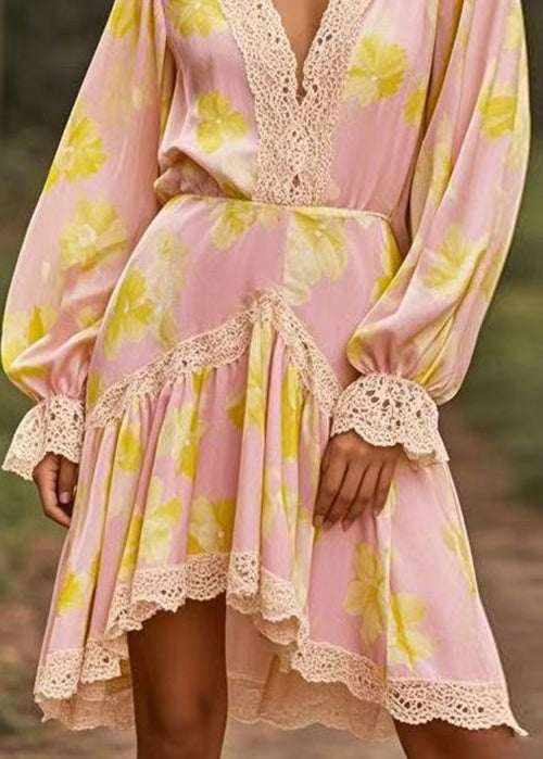 Pink V Neck Lace Wrinkled Patchwork Chiffon Mid Dress Spring