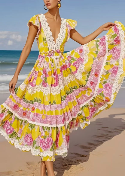 Yellow Print Exra Large Hem Cotton Sundress Sleeveless