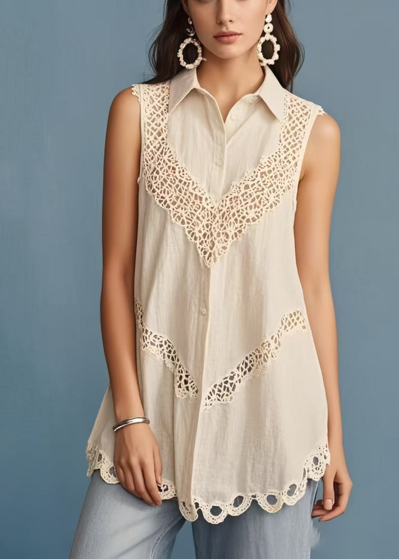 Fine Beige Peter Pan Collar Patchwork Lace Shirt Sleeveless