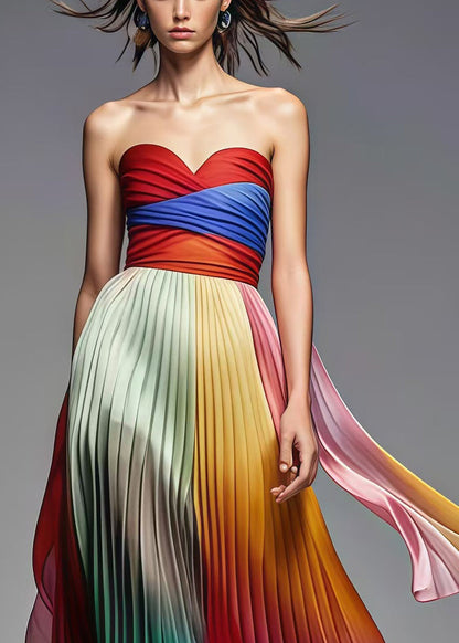 Multicolor Exra Large Hem Chiffon Pleated Strapless Dress Summer