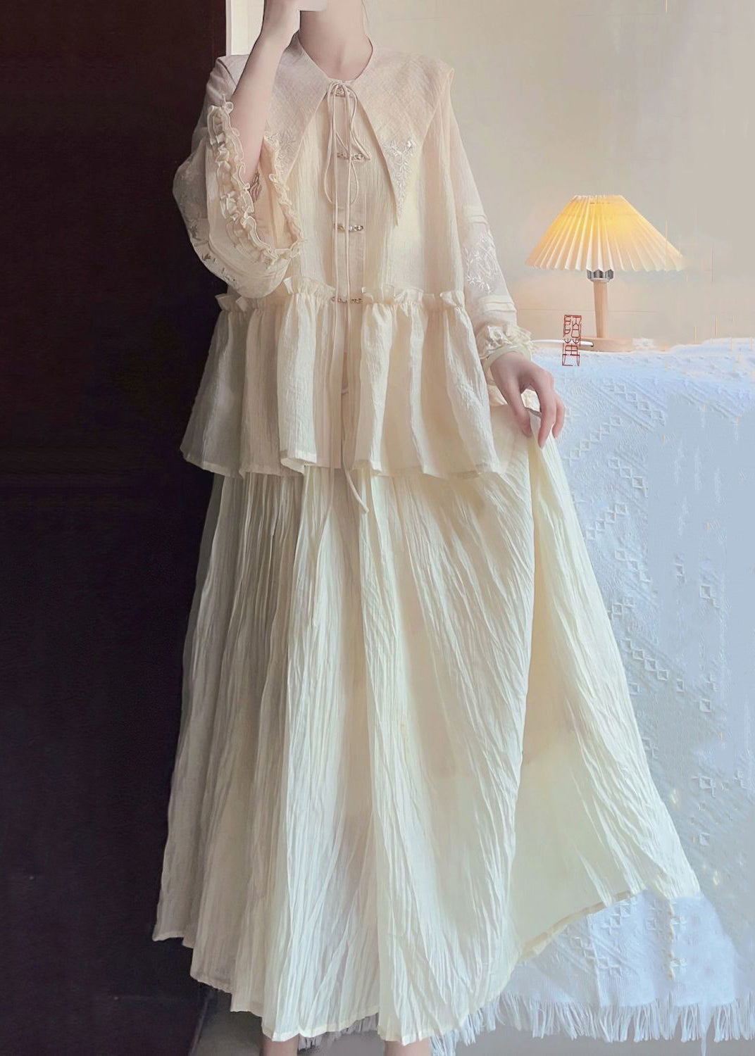 Art Beige Peter Pan Collar Ruffled Shirts and Skirts Cotton Two Pieces Set Spring