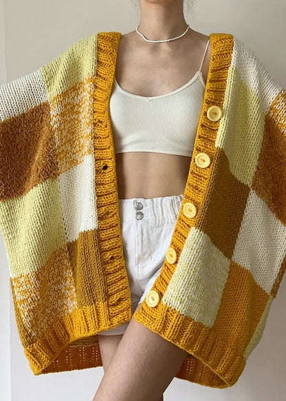 Yellow V Neck Plaid Button Knit Cardigans Fall