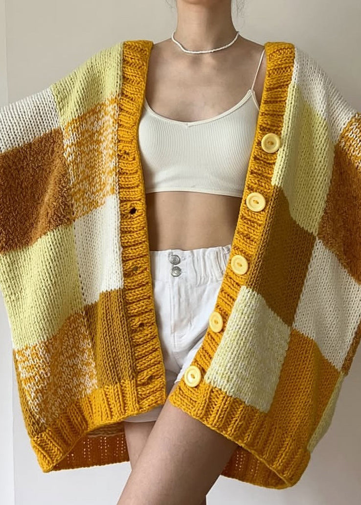 Yellow V Neck Plaid Button Knit Cardigans Fall