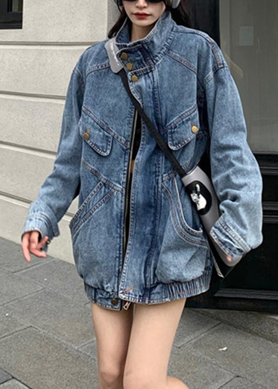 Blue Stand Collar Zip Up Pockets Denim Coat Spring