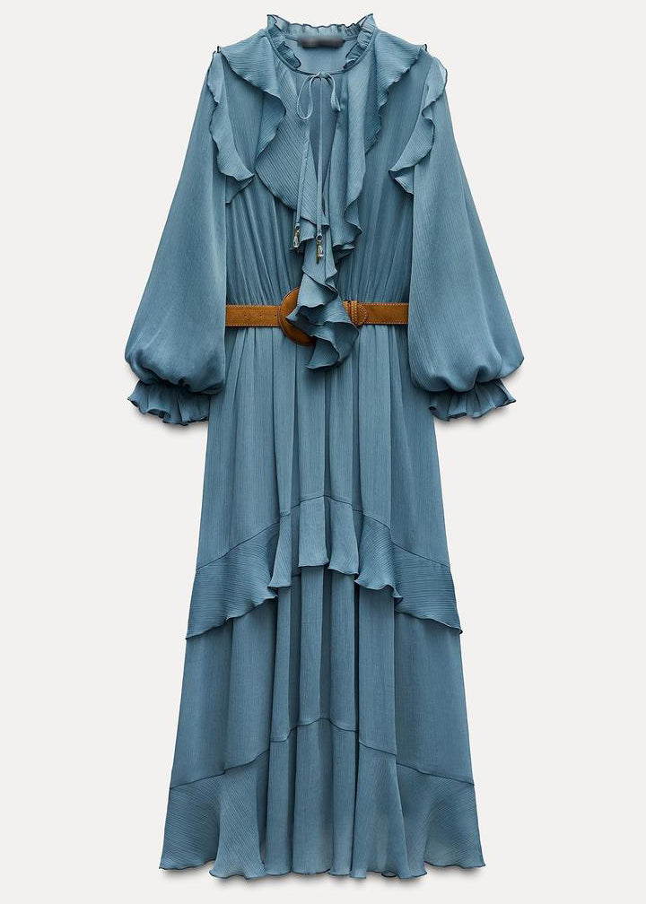 New Blue Ruffled Sashes Chiffon Long Dresses Fall