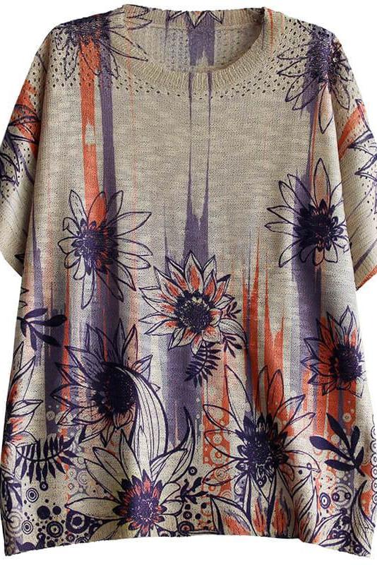 Hollow Out Knitted Print O Neck Short Sleeve T-shirt