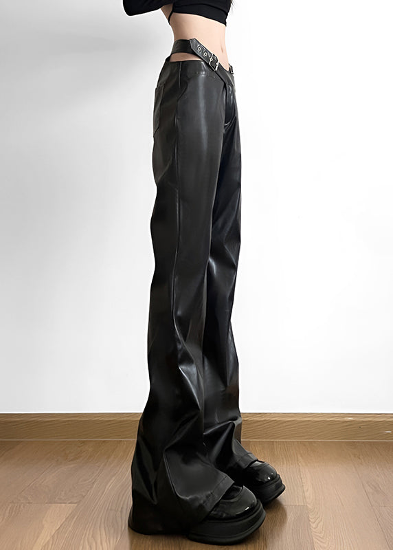 Handmade Black Patchwork Faux Leather Pants Spring