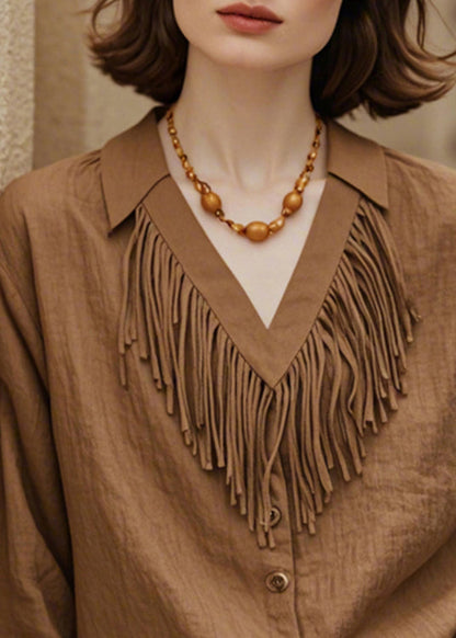 French Brown V Neck Tasseled Button Cotton Blouses Fall