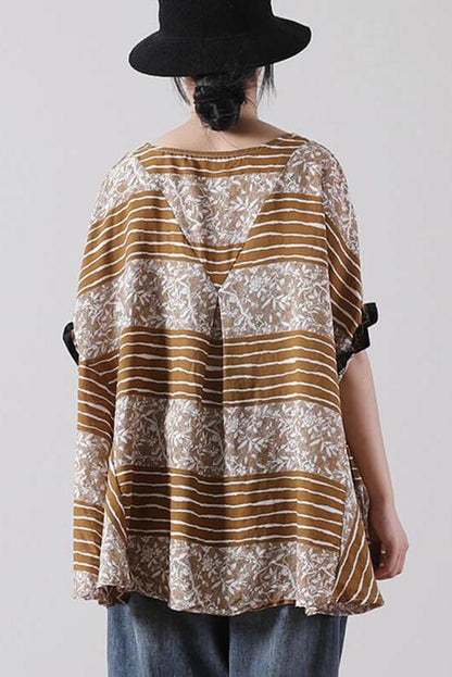 Leaf Stripes Color Patchwork Print T-shirt