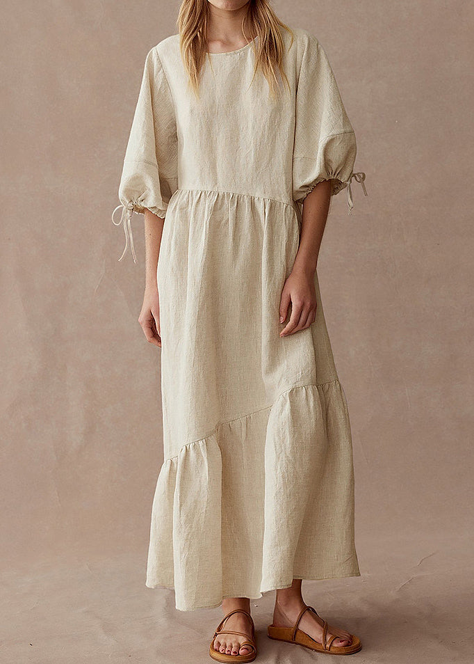 New Apricot O Neck Patchwork Linen Dress Lantern Sleeve