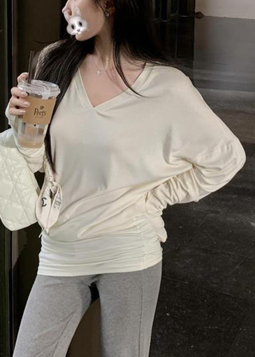 Beige Loose Cotton Spring Top V Neck