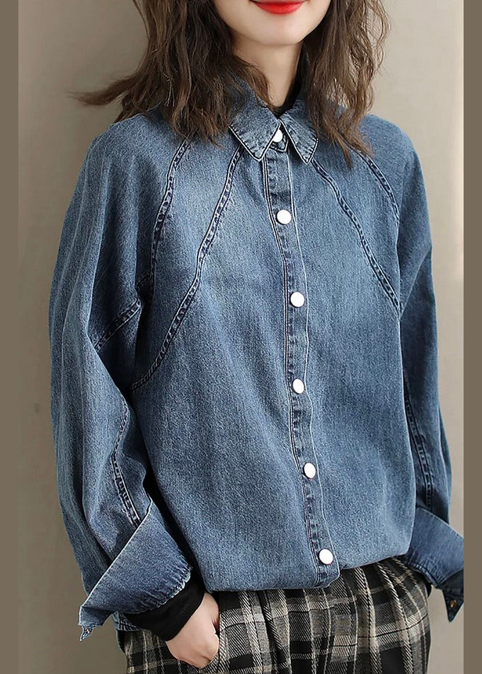 Blue Peter Pan Collar Denim Shirts Spring