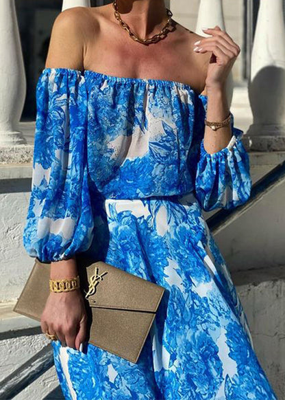 Blue Slash Neck Print Cotton Dress Long Sleeve