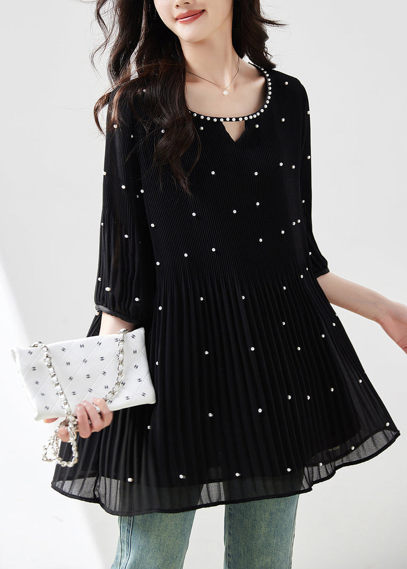 Loose Black O-neck Nail Bead Chiffon T Shirt Summer