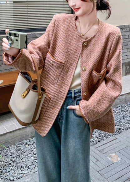 Pink O Neck Button Pockets Coat Fall