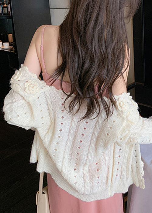Beige V Neck Hollow Out Knit Cardigans Winter