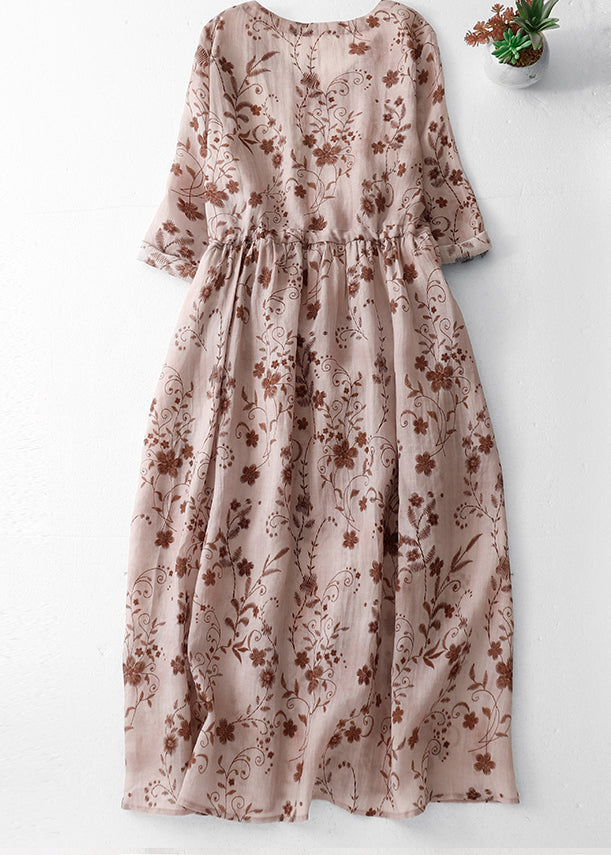 Pink Print Cotton Long Dress V Neck Drawstring Summer
