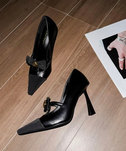 Black Sheepskin Splicing High Heels Bow Sequined