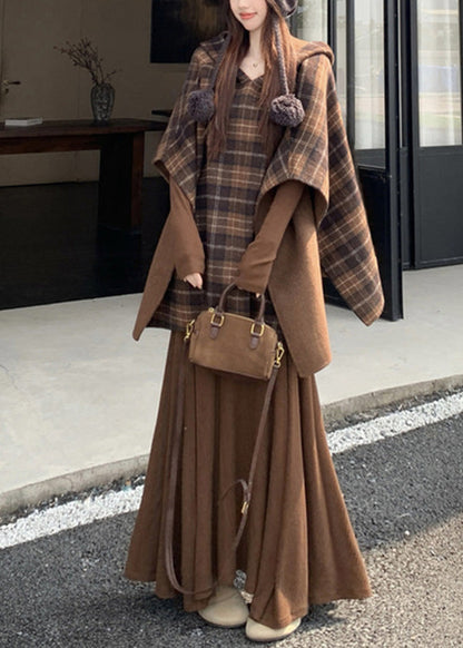 Plaid Wear on Both Sides Coats and Long Dress Two Pieces Set Cloak Sleeve