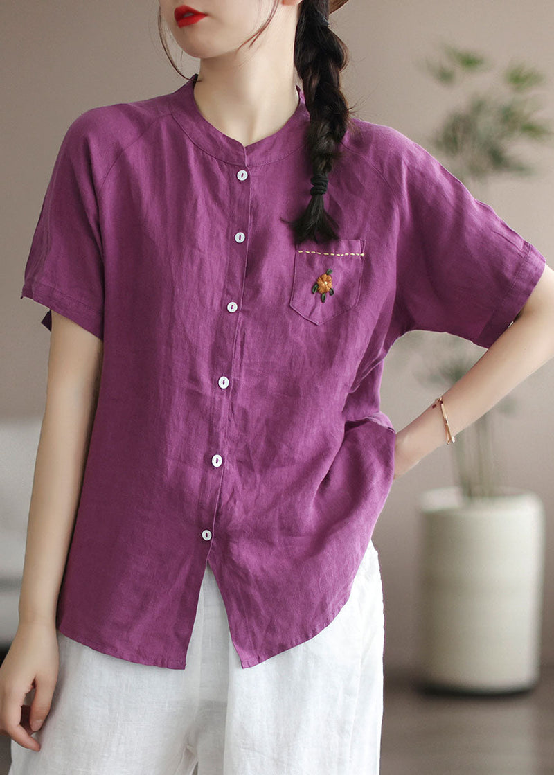 Purple Embroidered Patchwork Linen Blouse Top Summer